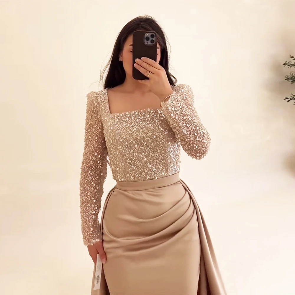 Elegant Mermaid Satin Evening Dress for Women Detachable Train 2024 Long Sleeves Bead Formal Prom Wedding Party Gown Customized