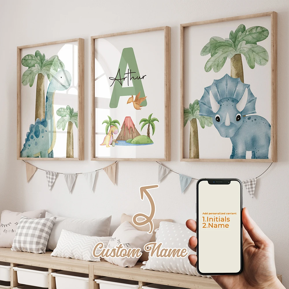 3pcs Personalized Custom Name Cartoon Child Dinosaurs Wall Art Print Picture Canvas Poster Painting For Living Room Home Decor
