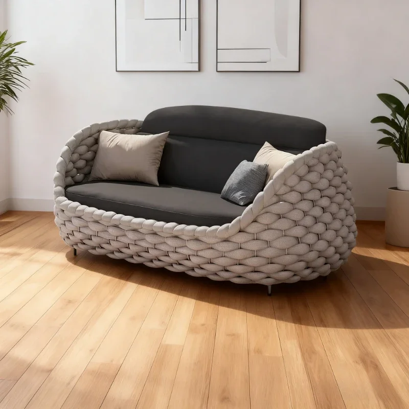 Set Divano da Esterno in Rattan per Tutte le Stagioni, Arredamento per Terrazza, Balcone, Soggiorno, Cortile, Combinazione con Poltrona Doppia