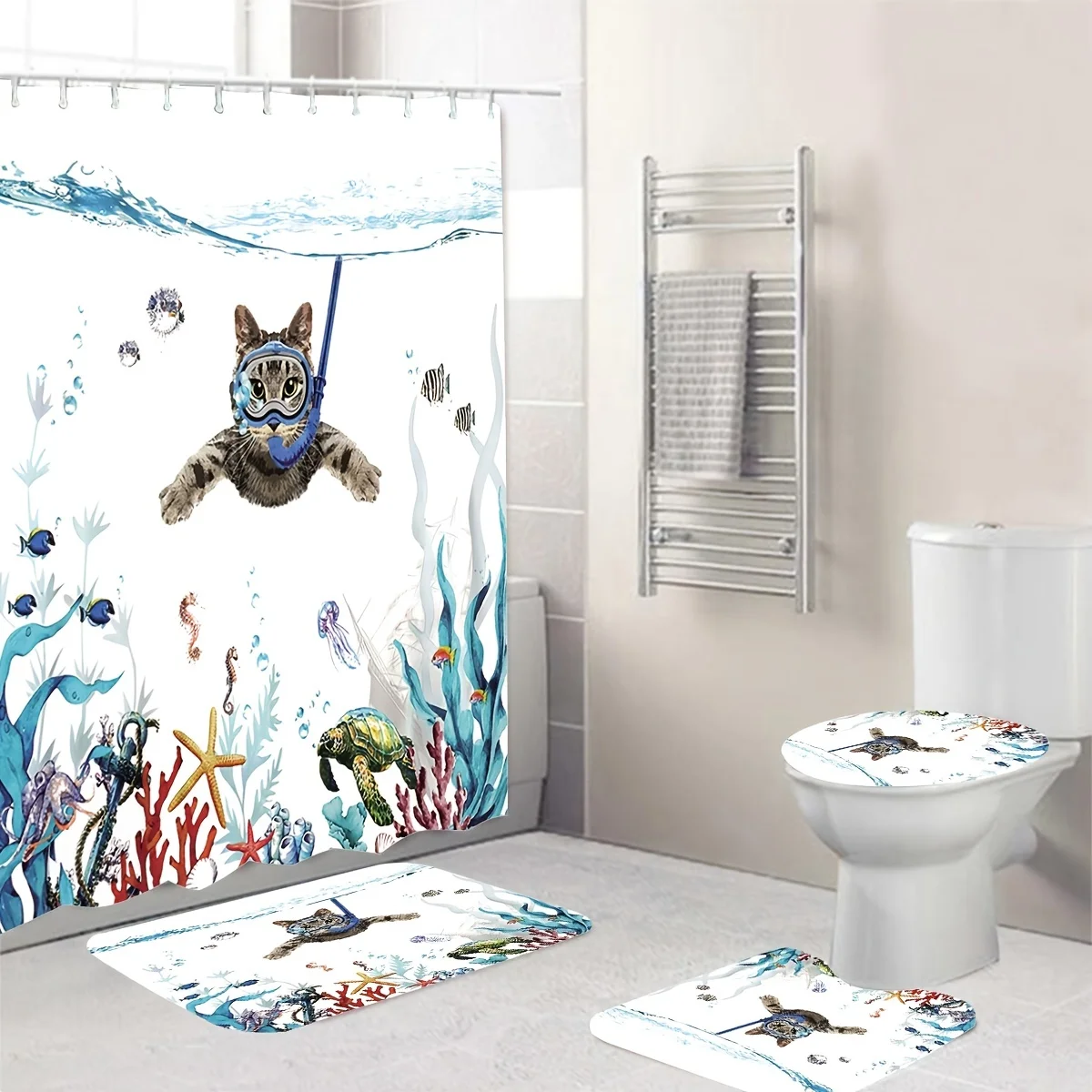 

Swimming Cat Waterproof Shower Curtain And Rugs Modern Bathroom Decor Shower Curtains With Rugs Toilet Lid Cover With 12 Rings