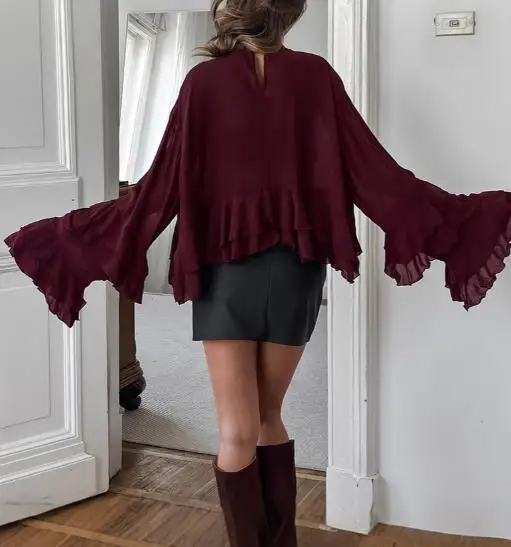 

Women's Sweet Brown Chiffon Stand Collar Ruffle Flared Sleeve Shirt 2025 Summer New Fashion Temperament Blouses Top for Women