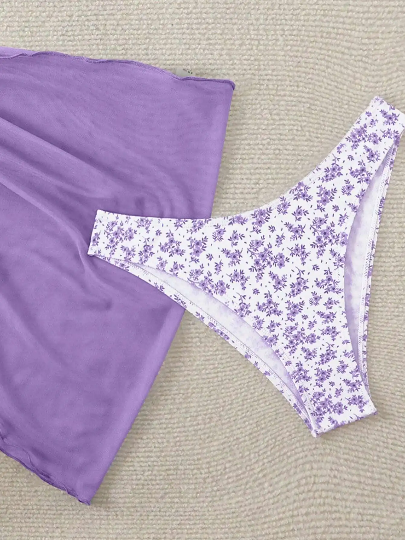 

Purple Solid Skirt Paired With White Floral Thong Bikini Top, Halter Tie Backless Design For Summer Beach Wear
