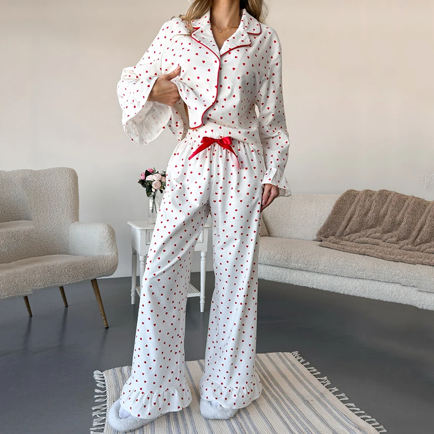 

HiLoc домашние хлопковые брюки с принтом сердца, пижамные комплекты, повседневная блузка с расклешенными рукавами, брюки на шнурке, 2 предмета, 2025 милые женские костюмы