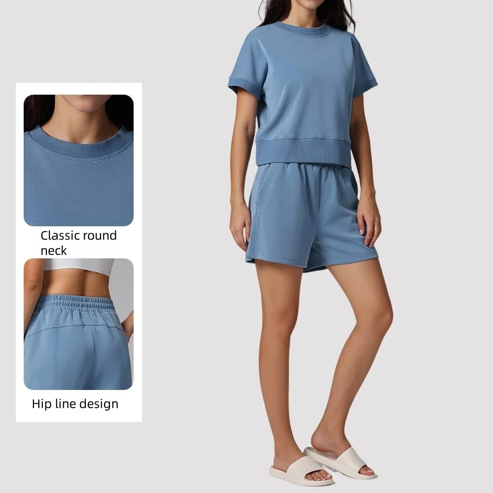 Leisure and sports two-piece set for women, loose and breathable fitness short sleeved t-shirt, bare air layer shorts, yoga suit