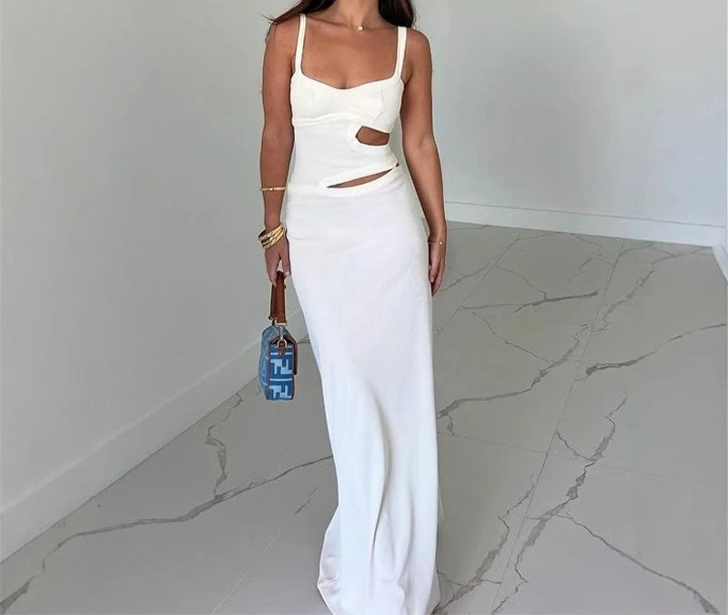 

2025 Spring and Summer New Style Hollow Out Waist Solid Color Sexy Strap Slimming Long Dress