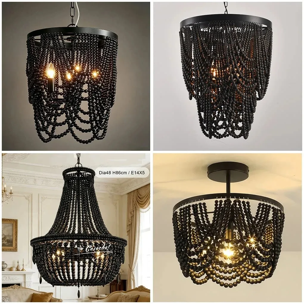 Black Wooden Beads Ceiling Chandelier 3/5 Lights Boho Living Room Ceiling Chandeliers For French Dinning Room Bedroom Hallway