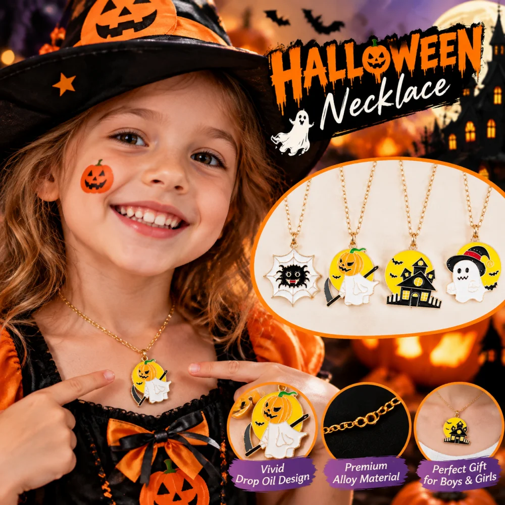 Ghost Haunted House Pendant Necklace Halloween Spider Drop Oil Alloy Jewelry Gift for Boys Girls Costume Festival Accessories