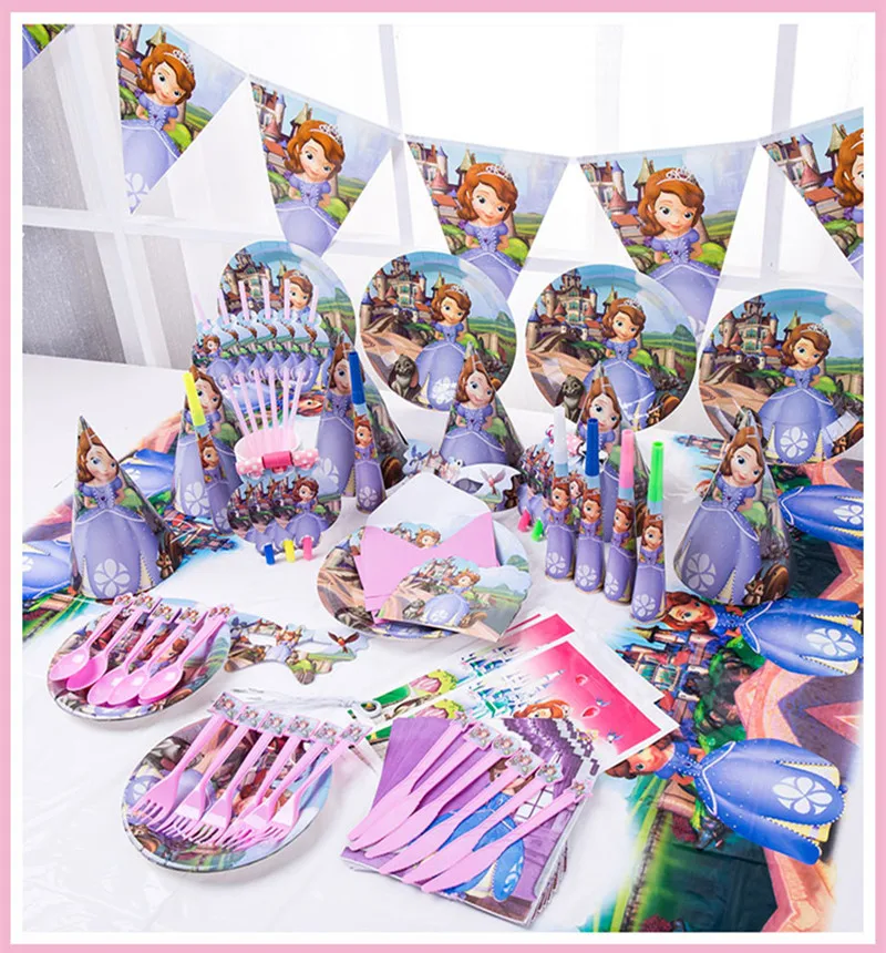 Disney Sofia Princess Birthday Party Decoration Children Kids Party Favors Plates Fork Flag Supplies Disposable Tableware Sets