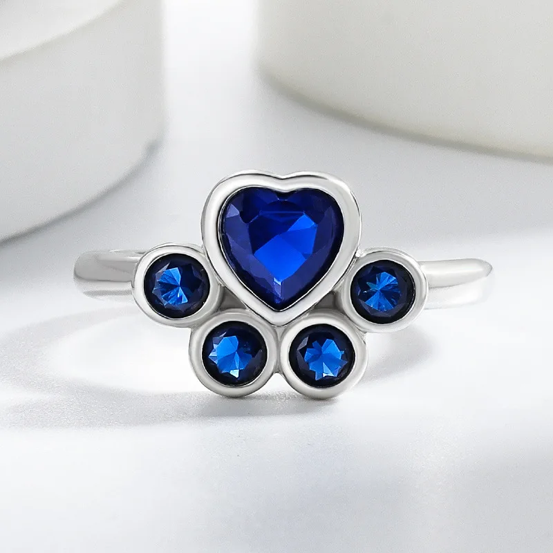 925 Sterling Silver Cat Paw Ring for Women, Adjustable Blue CZ Cute Animal Paw Print Band, Fashion Jewelry Gift for Cat Lovers