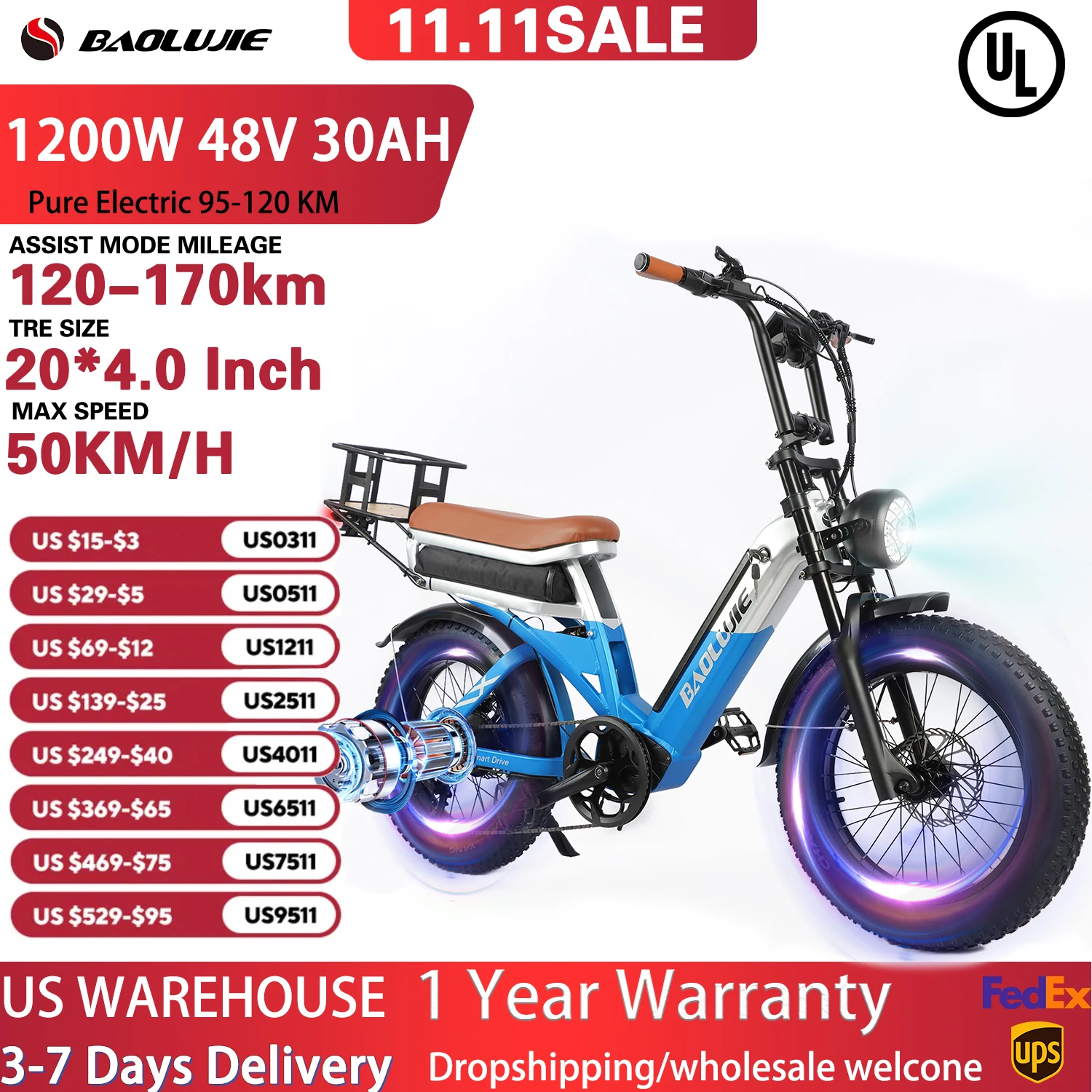 

【1 Year Warranty】BAOLUJIE 2033 Electric Bike for Adult 1200W 48V30AH Battery Electric Bicycle 50KM/H Max Speed Ebike All-Terrain
