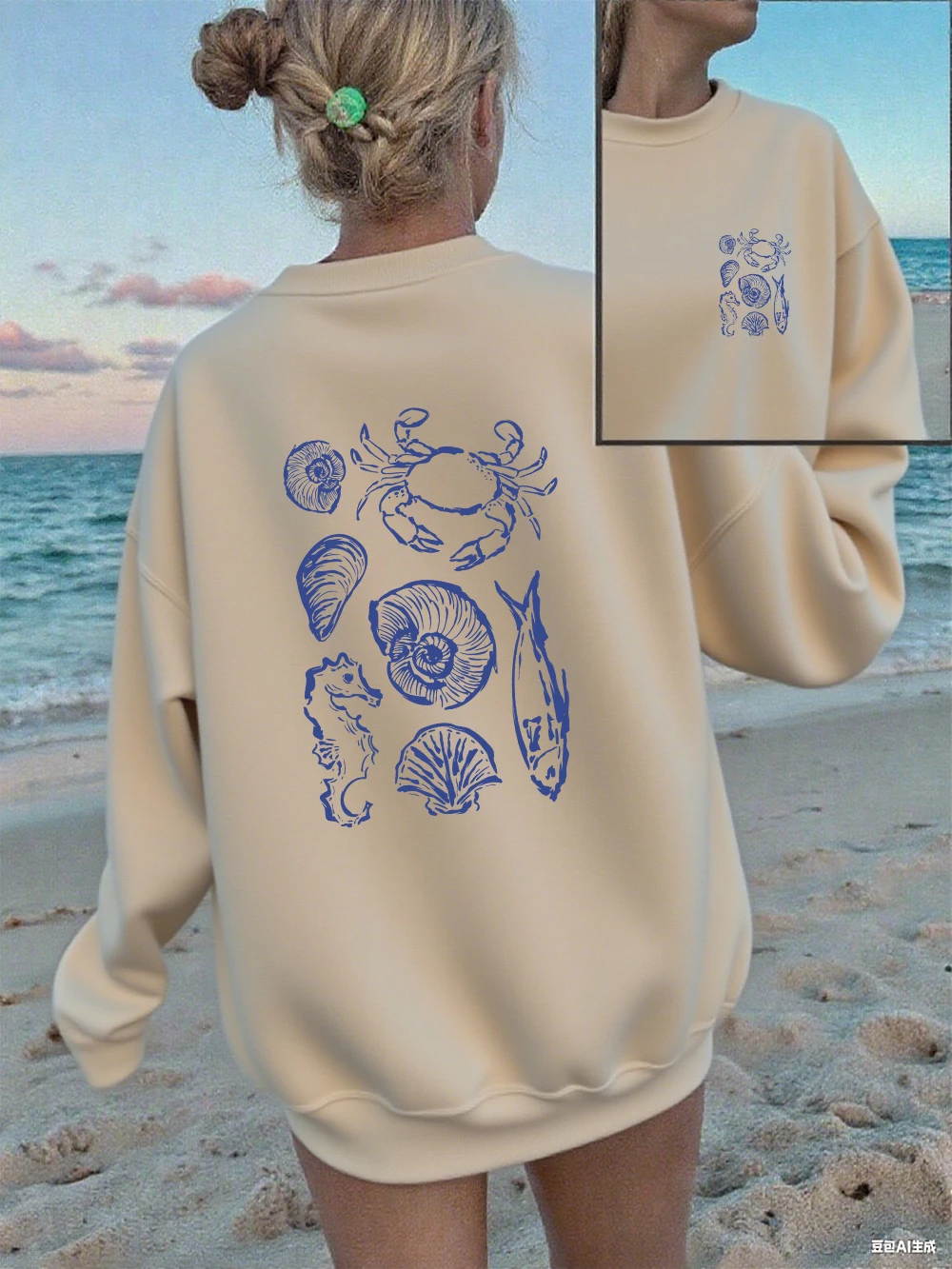 Ocean Element & Seashell Prints Sweatshirts Damen Weiches Fleece Warme Hoodies Winter Lose Pullover Lässige Rundhals-Damenkleidung