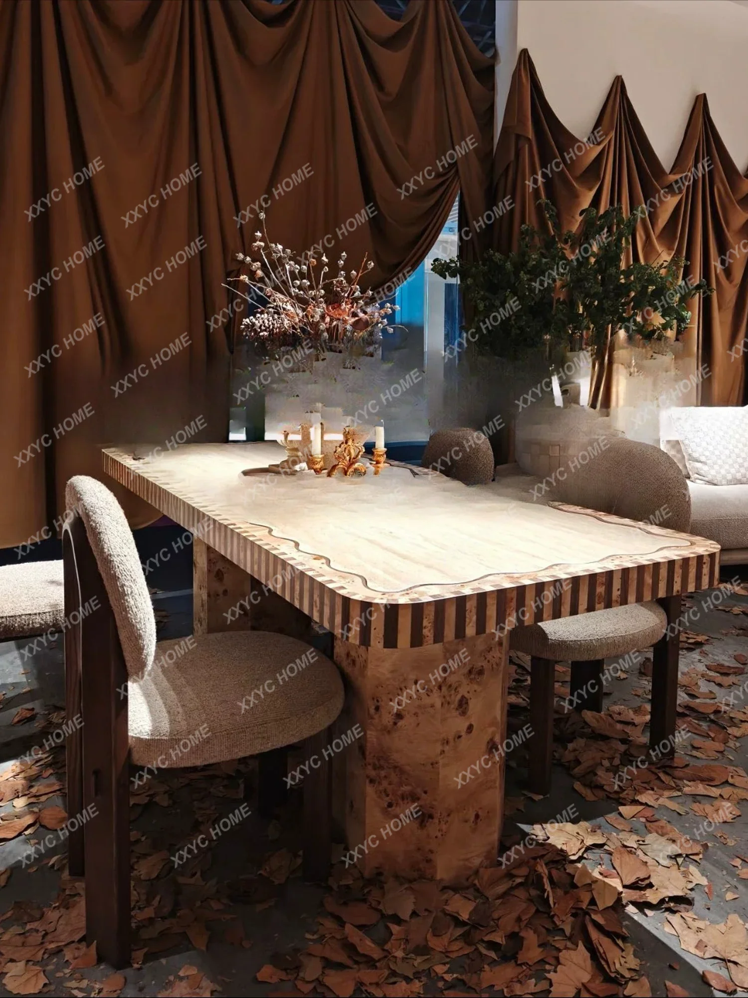 Medieval solid wood travertine rock slab rectangular dining table tree tumor pattern household villa eating table