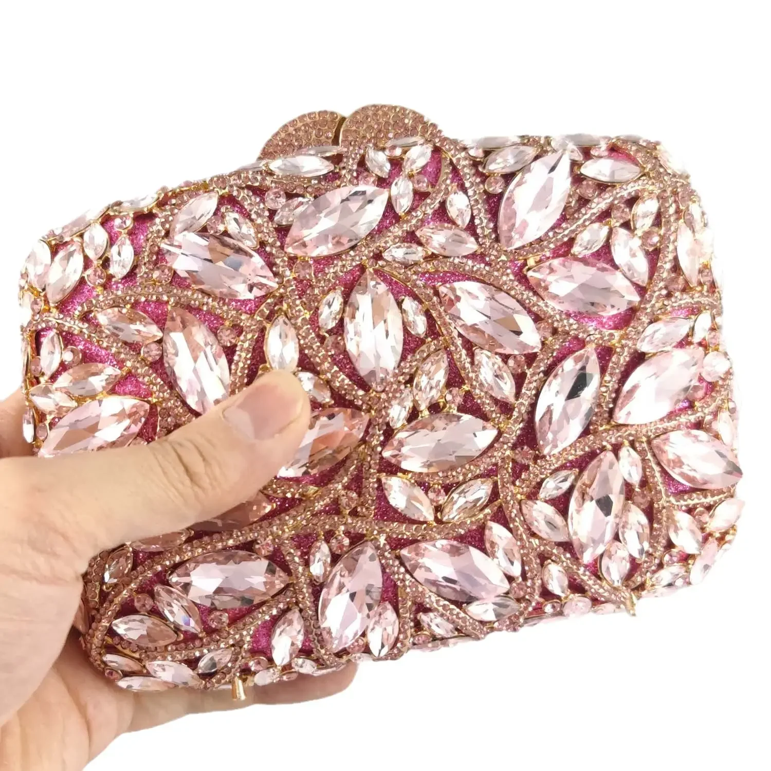 Boutique De FGG Women Pink Evening Bags and Clutches Formal Party Dinner Crystal Clutch Minaudiere Rhinestone Handbags