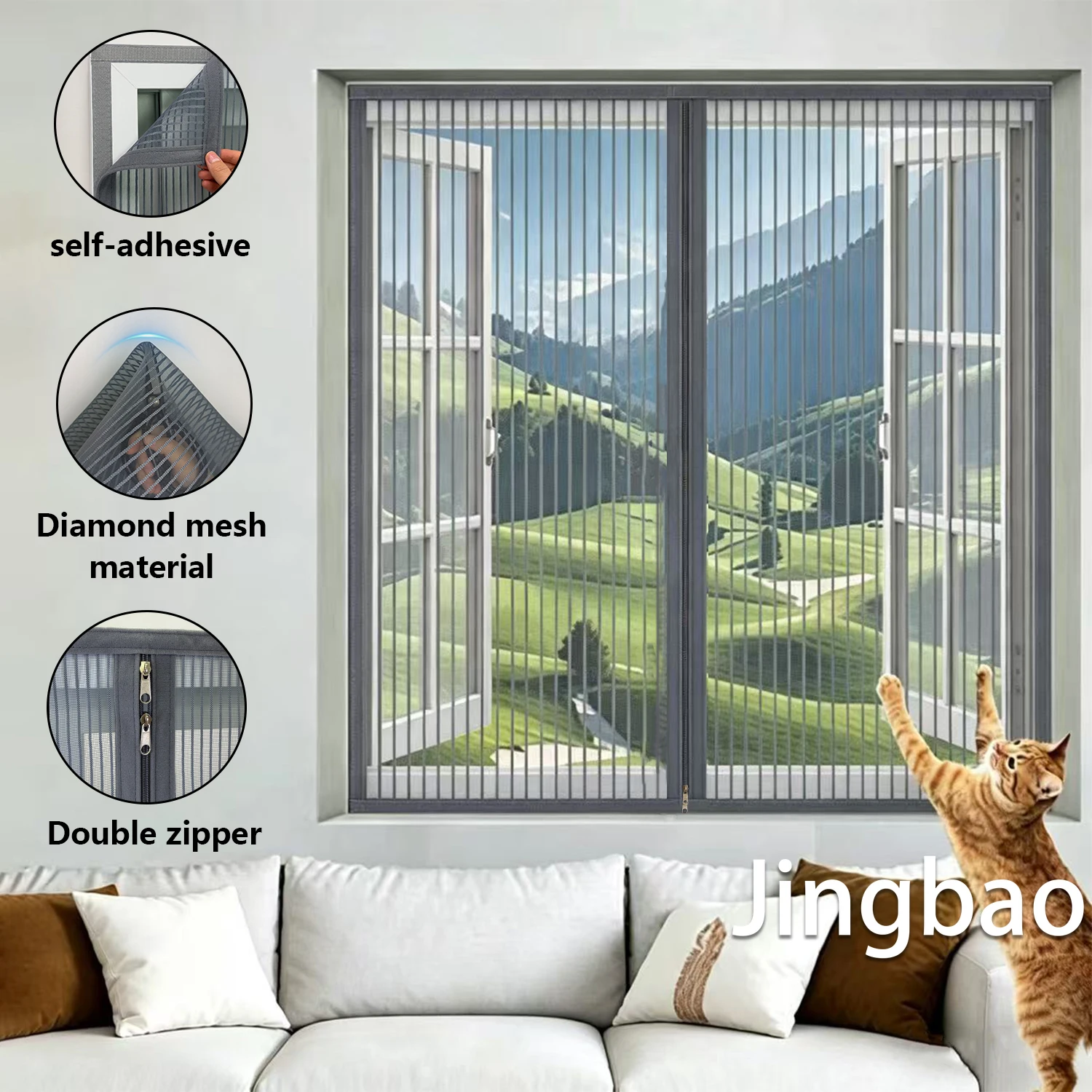 household zippered no-drill self-adhesive mosquito nets,mosquiteras para ventana,curtains and window treatments,pet-friendly