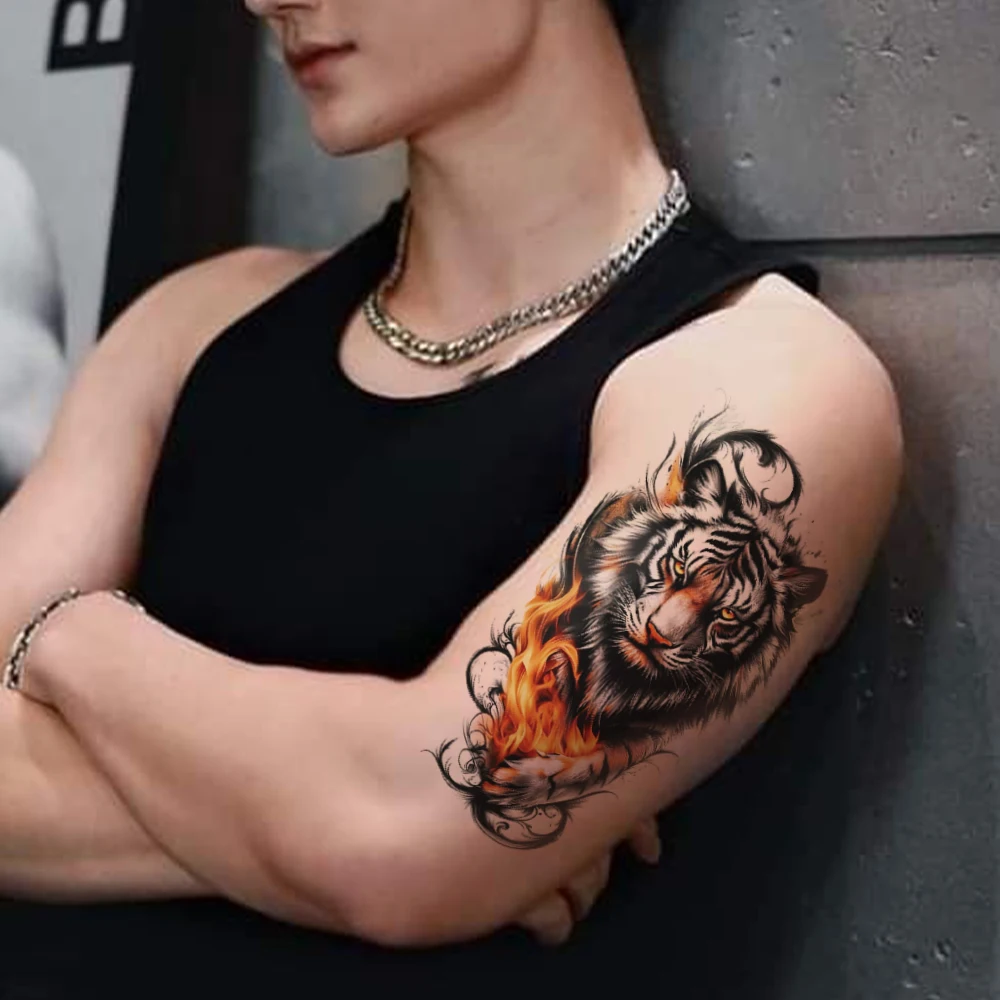 Waterproof Temporary Tattoo Sticker Lion Tiger Wolf Fox Animal Butterfly Rose Body Art Arm Fake Tattoos Sleeve Women Men Adults