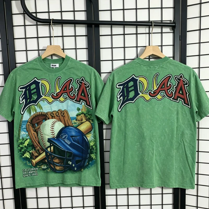 Summer White Ink Direct Spray Rugby Print Hotfix Rhinestone Green DUAA Tshirt Men Women Round Neck Short Sleeve Loose Streetwear