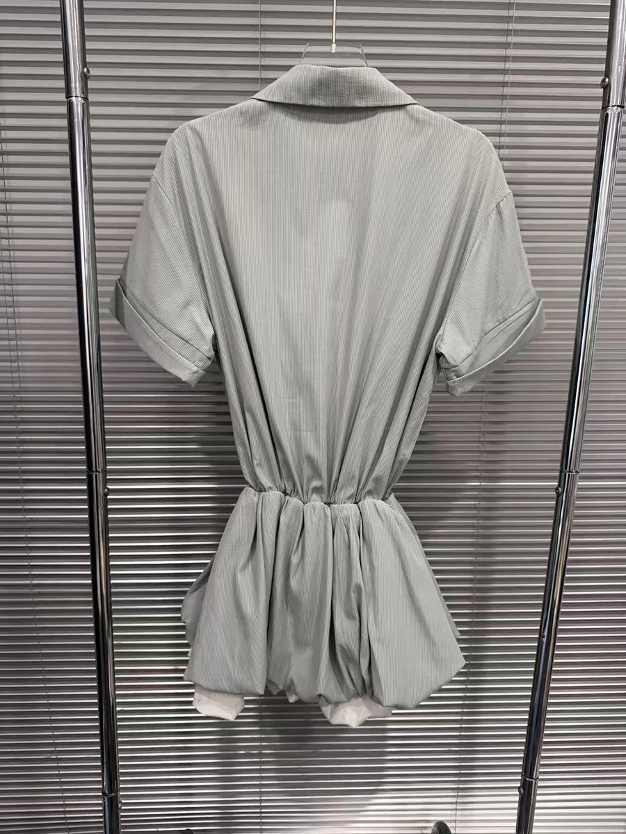 GALCAUR Colorblock Slimming Spliced Single Buttons Dress for Women Lapel Short Sleeves Patchwork Folds Dresses Female Elegant