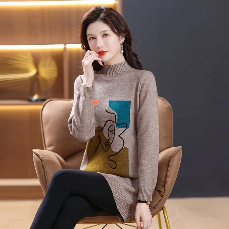 Middle Aged Mother Pullovers Vintage Printed Half High Collar Knitwears Pull Femme Autumn Winter Bottoming Sweater Women