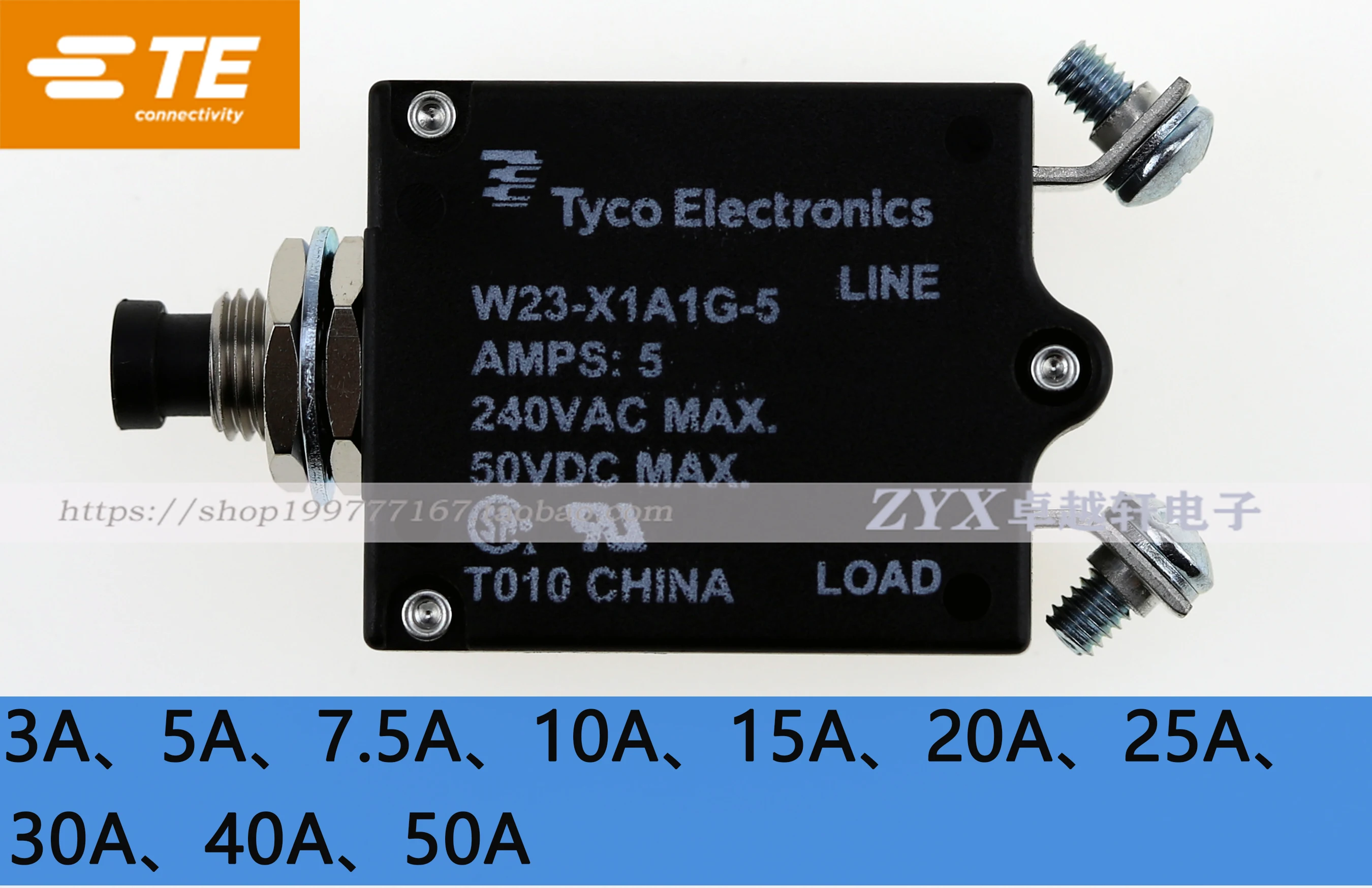 Tyco TE W23-X1A1G-3 5 7.5 10 15 20 25 30 40 50Amps Circuit Breaker Original W23-X1A1G-5A-7.5A-10A-15A-20A-25A-30A-40A-50A