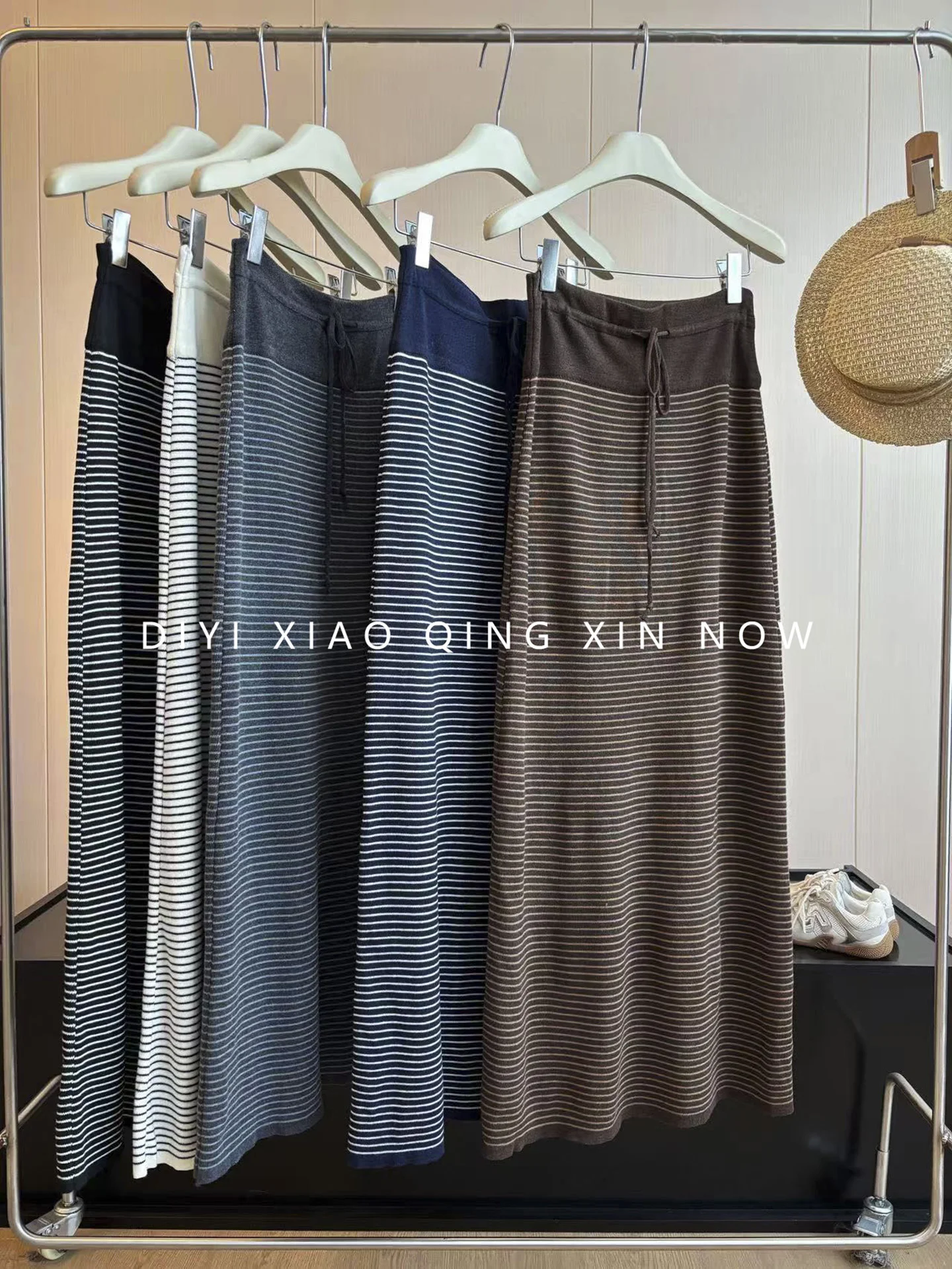Unique Color Block Striped Sexy Girl Half Skirt Drawstring Drapey Long Women's Autumn Fashionable A-Line Skirt Bodycon Skirt