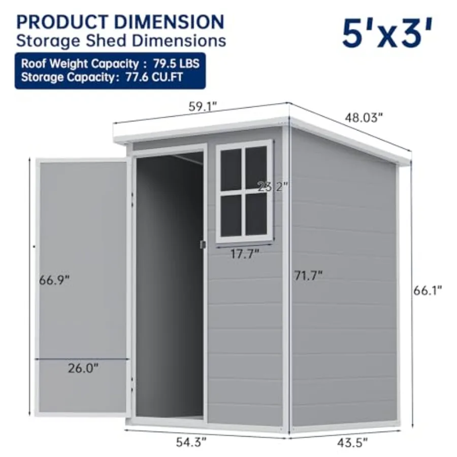 Outdoor storage shed for garden use, resin material, gray color, waterproof and includes floor, 5×3 feet