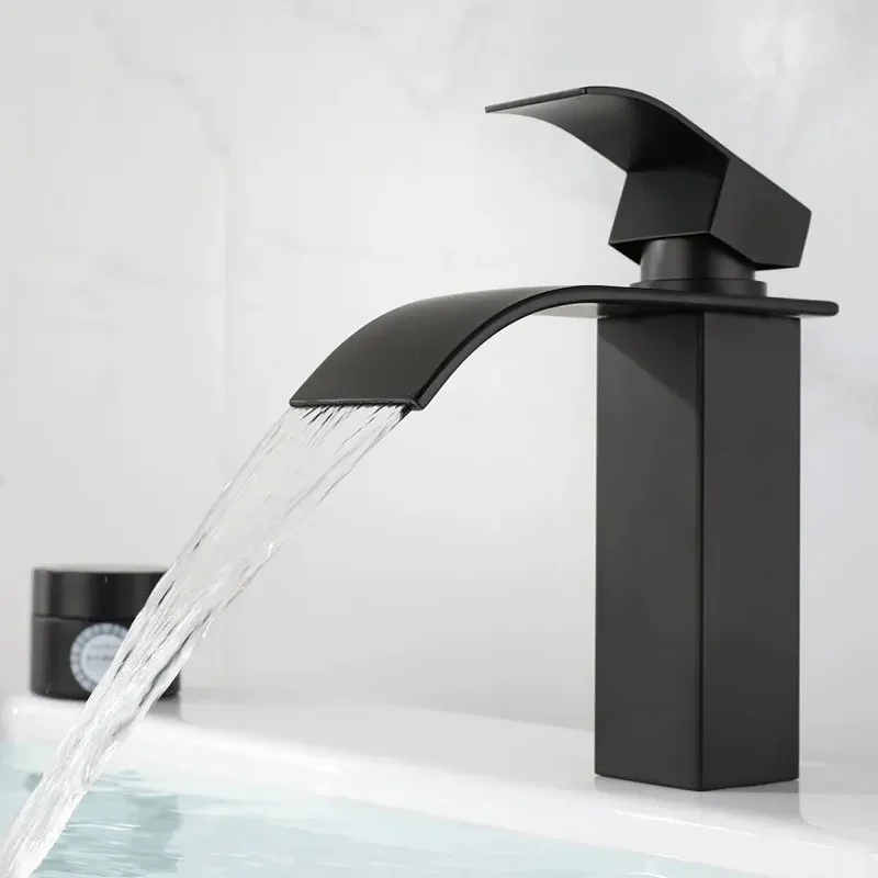 Square Brushed Stainless Steel Faucet Deck Mount Waterfall Basin  Bathroom Vanity Vessel Mixer Tap  Hot Cold Water Tap