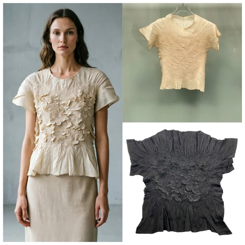 Miyake 3D-Textur Plissee T-Shirt 2026 Sommer Neu Hochwertig Bestickt Unregelmäßig Geprägt Elegantes Kurzarm-Falt-T-Shirt für Damen