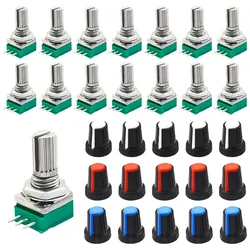 15 stks 3Pin RK097N-3-10K Enkele Lineaire Roterende Afdichting Versterker B10k Potentiometers met 3 Kleuren Knop Type 10 k Ohm Gekartelde As