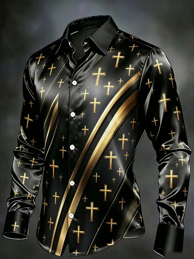 New retro shirt with black background, shiny surface, diagonal stripe, gilded iris vine art carving, long sleeved shirt