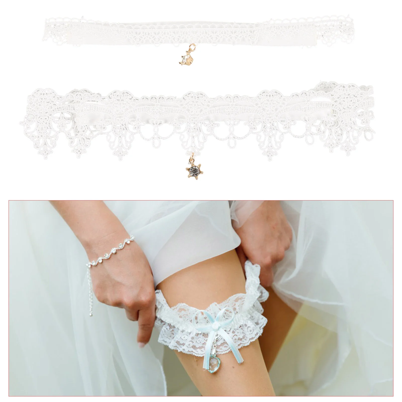 2 Pcs Bridal Wedding with Diamonds Lace League Bride Garterbelt White Stockings Rhinestone Pendant Western Style