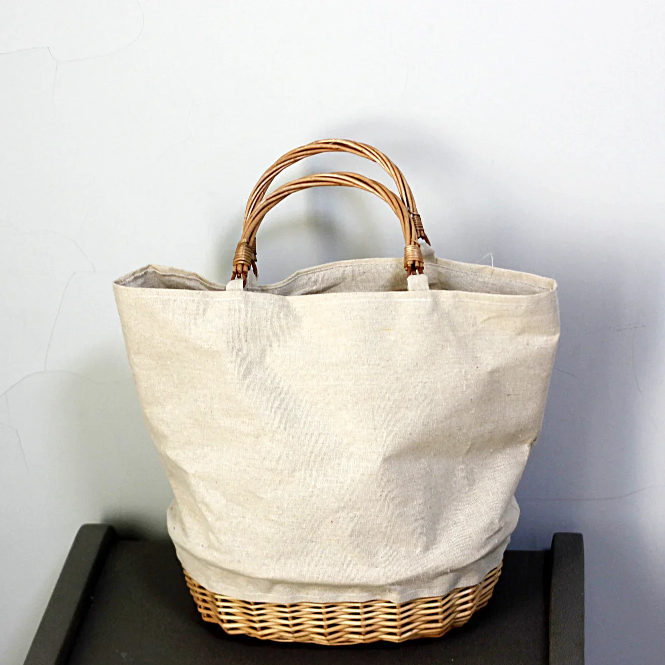 Hand-Woven Straw and Burlap Tote Bag with Rattan Accents