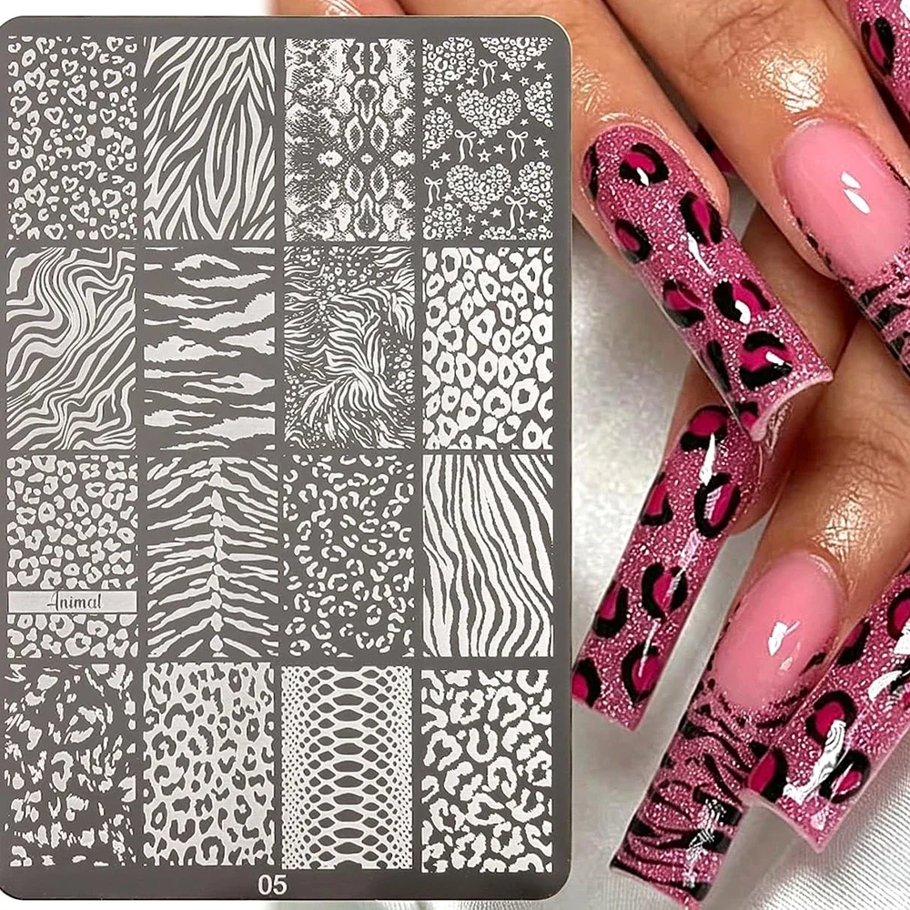 Animal Print Nail Stamping Plate Leopard Zebra Snake Cheetah Cow Safari Texture Y2K Wild Pattern Template Gel Acrylic Nails DIY