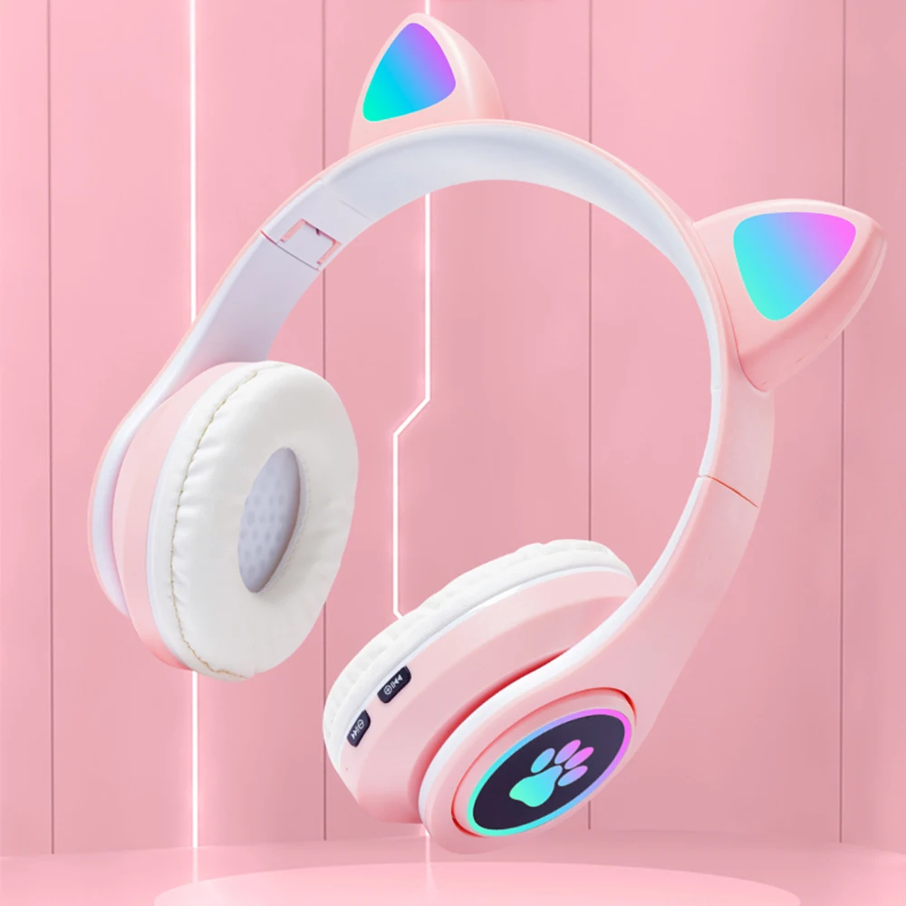 Cute Cat Wireless Headphones RGB Cute Cat Ears Headset With Microphone Noise Cancelling Kid Stereo Music Children\'s Gifts