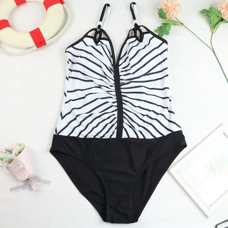 2025 섹시 원피스 슬림 수영복 여성용 스트라이프 루치드 배 컨트롤 모노키니 블랙 푸쉬업 패드 백리스 수영복