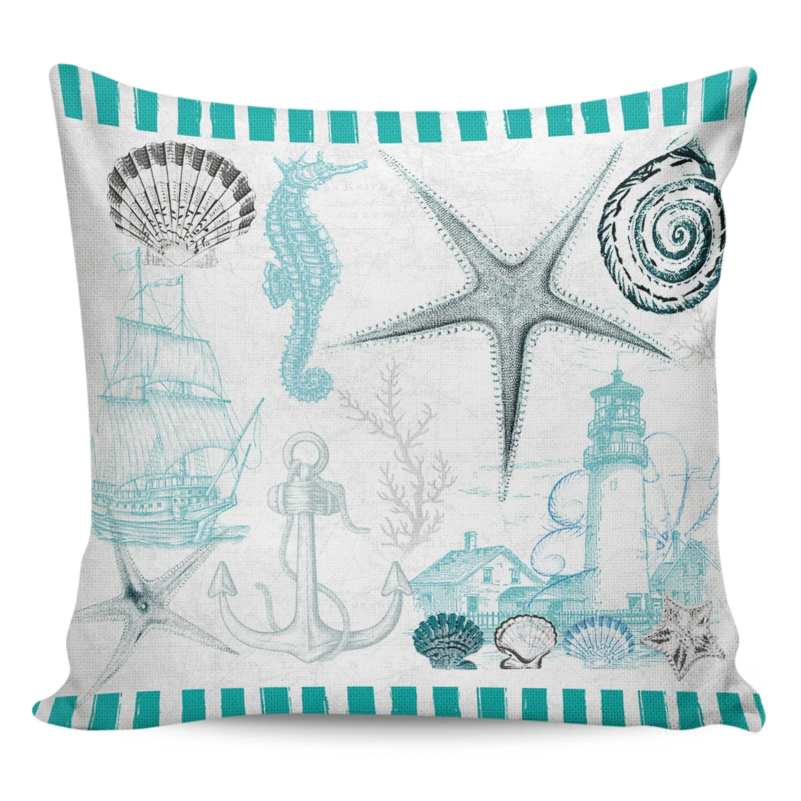 2/4PCS Waterproof Pillow Cover Marine Texture Shells Starfish Lighthouse Anchor Square Pillowcase Home Decor Sofa Cushion Cover