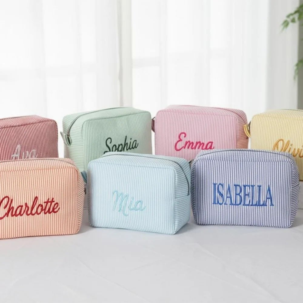 Custom Embroidered Monogram Name Toiletry Pouch, Large‑Capacity Zipper Makeup Organizer Bag for Girls Bridal Shower