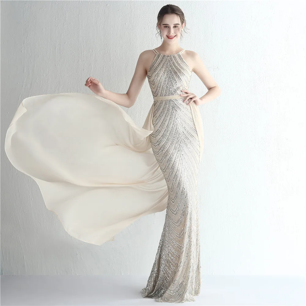 Sequin Evening Dress Party Long Dress With Detachable Chiffon Beaded Long Prom Dress