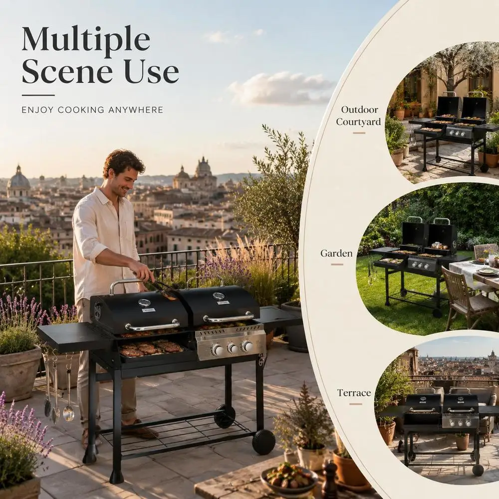 Barbecue à gaz extérieur 161x54x103cm, grill BBQ avec thermomètre intégré et grilles de maintien au chaud, appareil de cuisson pour jardin, terrasse, fête et repas en plein air, grande surface de grillage avec un design moderne robuste noir et argent