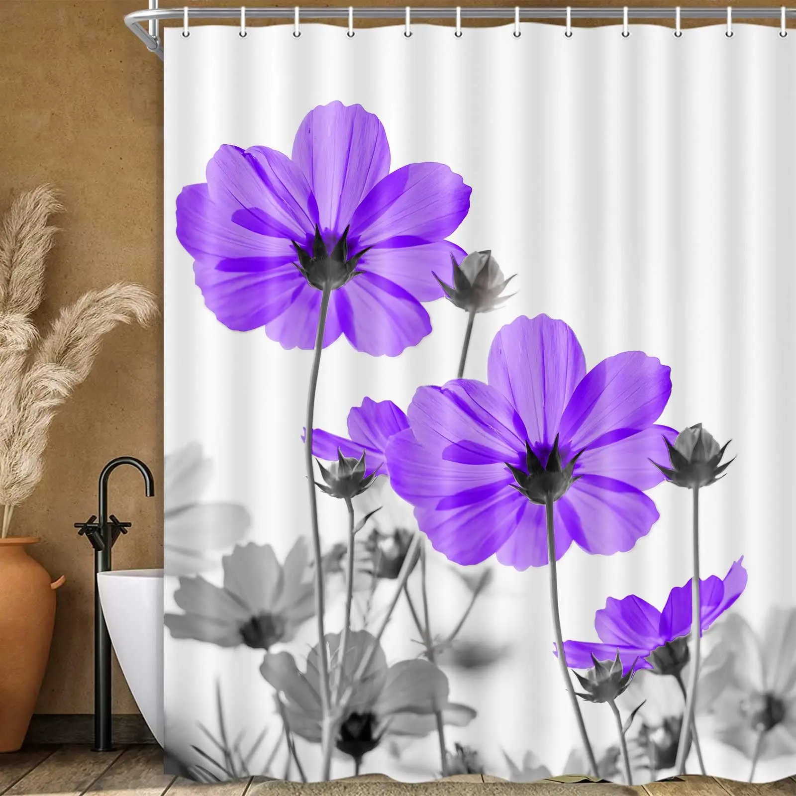 Ink Painting Flower Decoration Bathroom Curtain Elegant Daisy Shower Curtain Polyester Waterproof Decoration Curtain Hooks