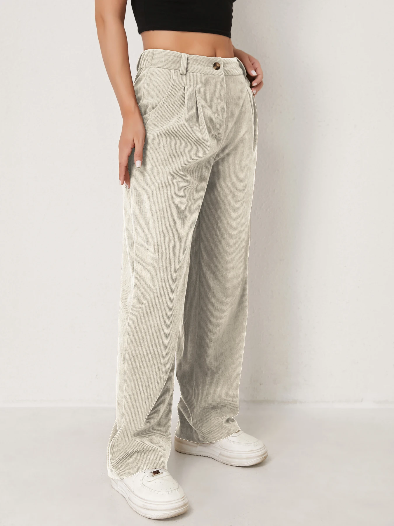 Neue Herbst- und Winter-Freizeitanzüge für Damen in Unifarben aus Cord mit weitem Bein und geraden, samtartigen Hosen, die schlank aussehen – Detail 17