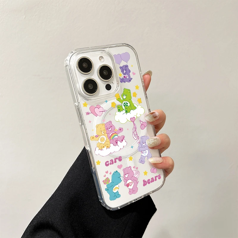 حافظة شحن لاسلكية C-Cares B-Bears لهاتف iPhone 17 Air 16 E 15 14 13 12 Mini 11 Pro Max غطاء صلب بحافة من السيليكون الشفاف