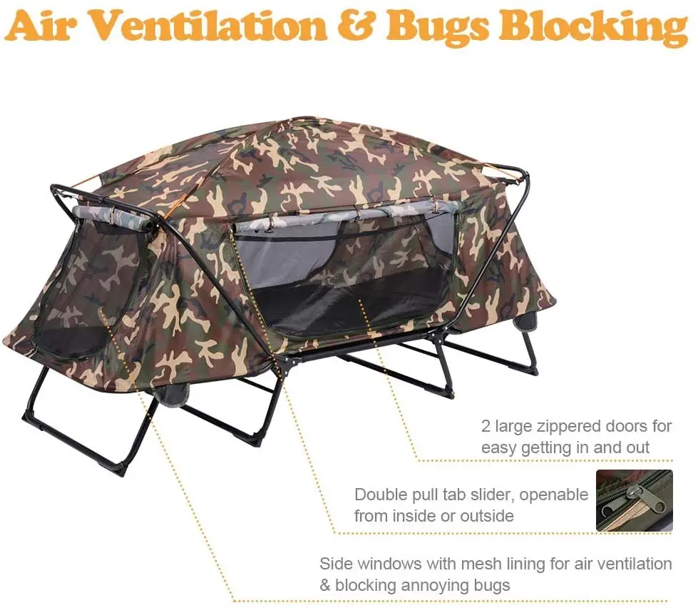 1 Person Camo Traveling Sleeping Folding Waterproof Ground Camping Popup Single Cot Bed Tent Four-season Double Layer 2 Doors