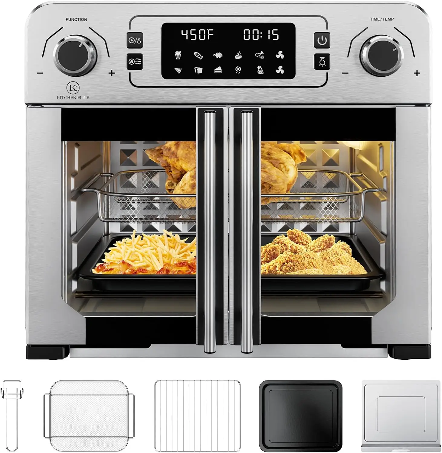 

Kitchen Toaster Oven Air Fryer Combo,10-in-1,10 Touch Screen Presets,25QT Large Countertop Oven,Stainless Steel French Door,5 A