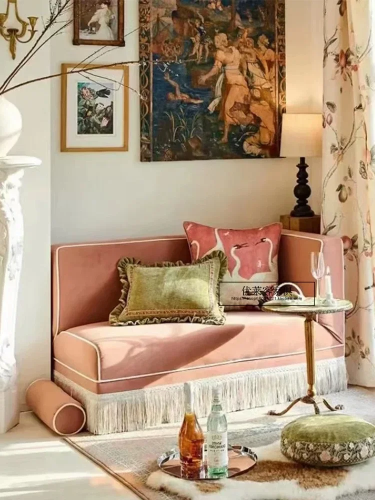 Pink velvet fringed concubine sofa designer bed and breakfast bedroom balcony casual French retro style fabric corner