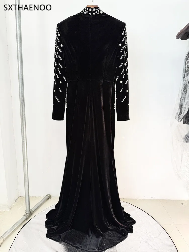 SXTHAENOO 2025 vestido de noche adornado negro de manga larga para mujer elegante vestido de fiesta de graduación de sirena con cuentas y cuello simulado