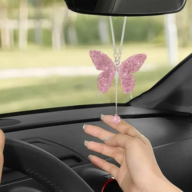 Sparkling Butterfly Pendant Car Rear View Mirror Charm Elegant Faux Crystal Pendant for Car Decor Car Ornaments Accessories