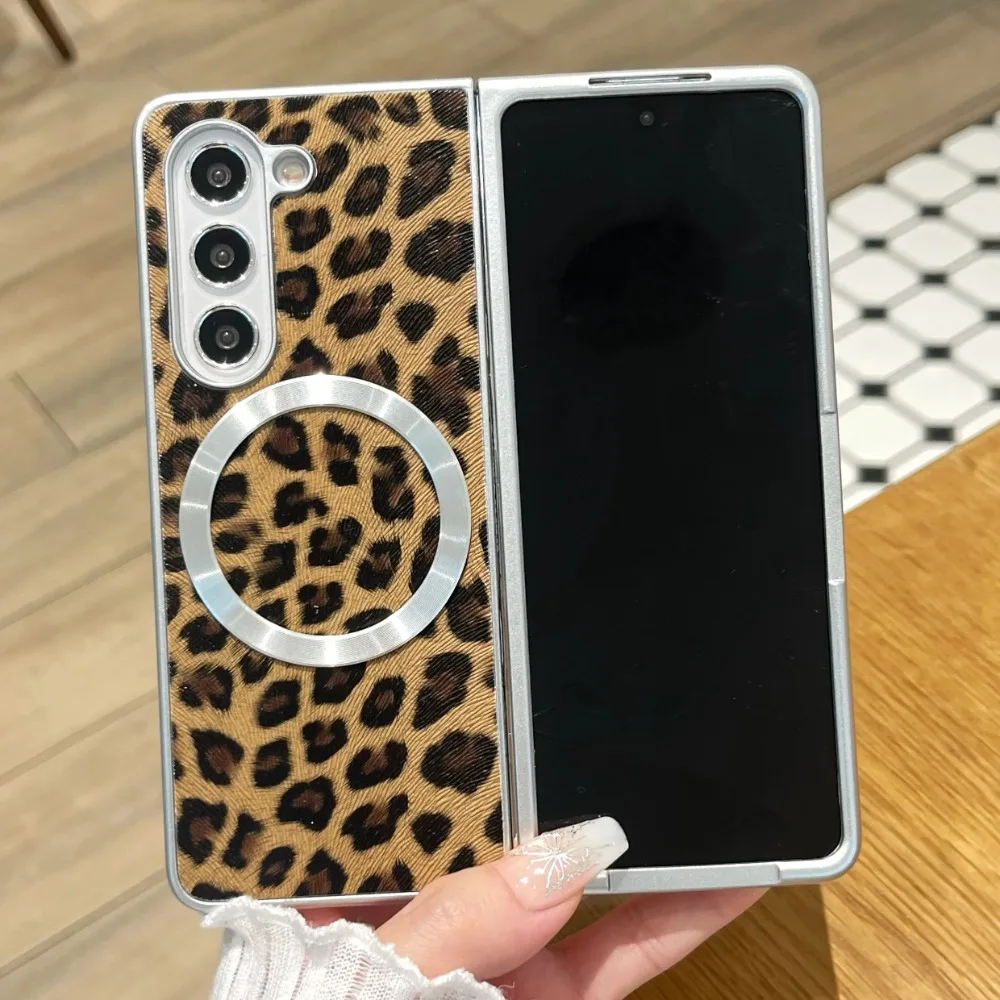 

Higth Quality Busine Sle Leopard Pattern Leather Case for Samsung Galaxy Z Fold 7 6 5 4 Magnetic Magsafe Wireless Charge Cover