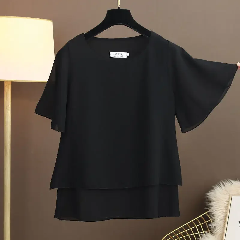 夏用半袖カジュアルシフォンブラウス,女性用無地シャツ,Vネック,ルーズフィット,ラージサイズ5XL 6XL,2022