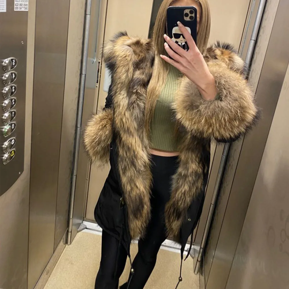 

Зимняя куртка Maomaokong с натуральным мехом, подкладка из натурального меха, женская теплая толстая парка с воротником из меха енота, женская одежда