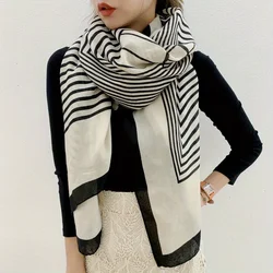 Classic Black White Striped Scarf Elegant Thin Breathable Silky Shawl Spring Summer Sunscreen Soft Beach Towel